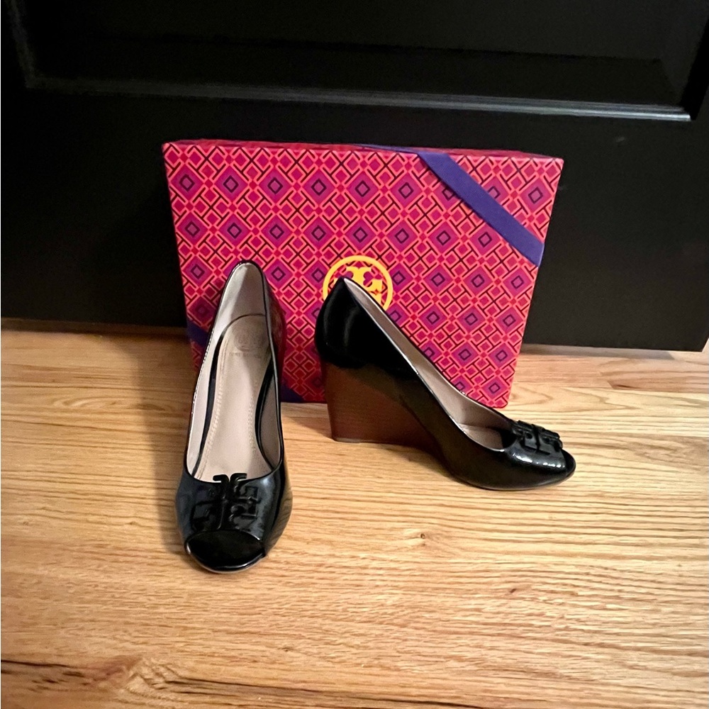 Tory Burch Black Peep-Toe Wedges